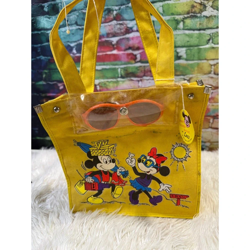Vintage Disney Mickey Minnie Mouse Yellow Canvas Tote Bag with Sunglasses Lanco